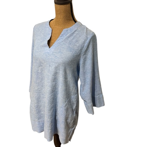 Lands End women’s 100% linen Notch Neck 3/4 Sleeve Tunic, Blue, Small pockets - Picture 3 of 8